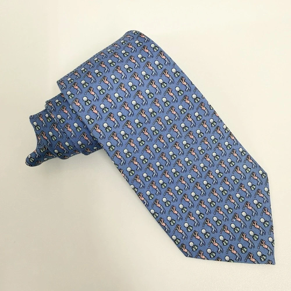 Vineyard Vines Boys Tie Golfers & Tees Blue/Pink Satin Silk USA 3 1/8
